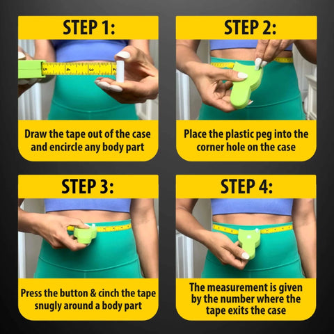 Step-by-step guide on using Body Tape Measure - 80 Inch Automatic Telescopic Tape Measure for body measurements in black and yellow.