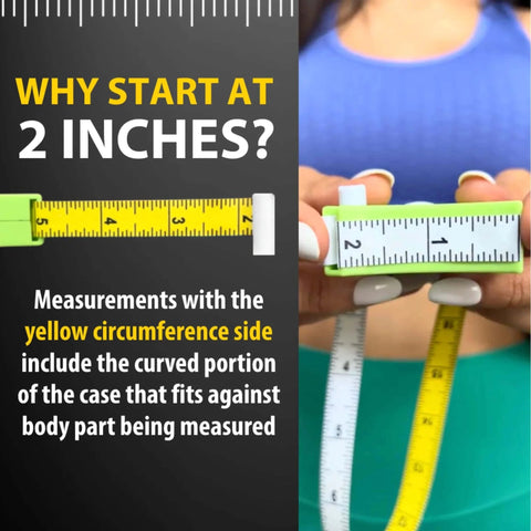 Body Tape Measure - 80 Inch Automatic Telescopic Tape Measure held for waist measurement, showing yellow circumference side, black case.