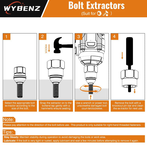 Instructional guide for using 15 Piece Bolt Extractor Set For Three Eighths Inch Drive Impact Tools Pro Grade Lug Nut Remover Socket Kit.