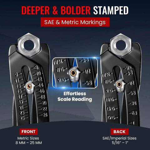 Front and back view of Bolt Size Finder Keychain Gauge for Bolts and Nuts SAE Five Sixteenth to One Inch and Metric 8 to 25 mm