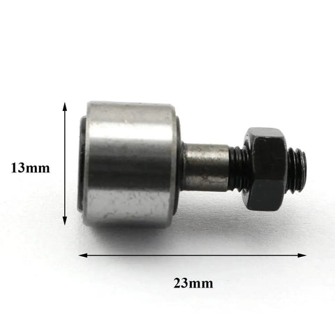 Side view of Bolt Type Needle Roller Cam Follower Bearing with 13mm roller diameter and 9mm width for M5 stud in steel construction.
