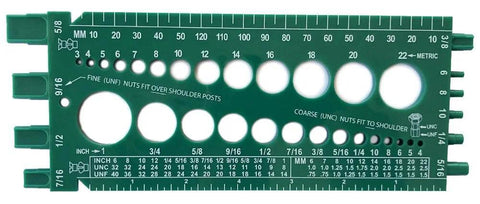 Bolt And Screw Gauge For Standard And Metric Coarse And Fine Diameters Lengths And Thread Pitch, green plastic measurement tool.