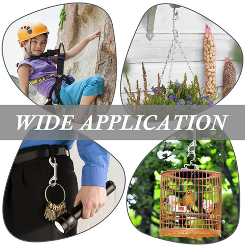 Various uses of Extra Large 4.7 Inch Double Ended Bolt Snap Hooks With 220lbs Load Capacity in outdoor, gardening, and keychain scenarios.