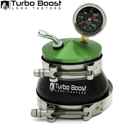 Turbo Boost Leak Tester kit with green top cap, black base, 30 PSI gauge and stainless clamps
