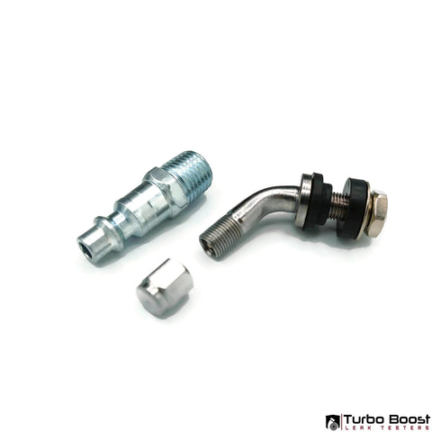 Universal intake pipe fittings for Boost Leak Tester Kit, including angled connector and anodized ends, for 3-4 inch charge pipes.