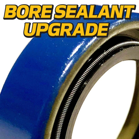 Close-up of Heavy Duty Switch 2 Front Wheel Bearing Rebuild Kit With Axle Sleeve For Scag Lawn Mowers and spring loaded seals