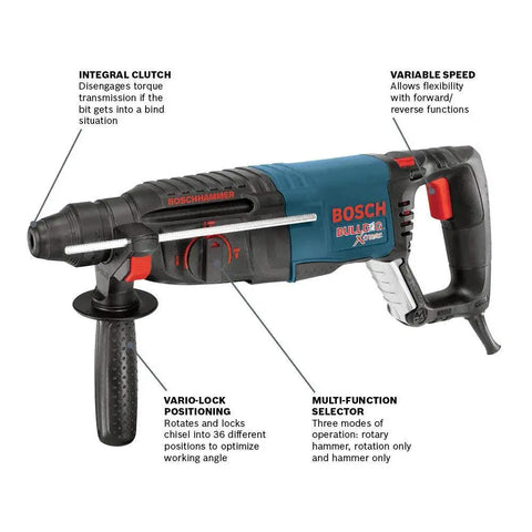 Bosch Bulldog Extreme 1 Inch SDS Plus Rotary Hammer with variable speed, integral clutch, and multi-function selector, side view.