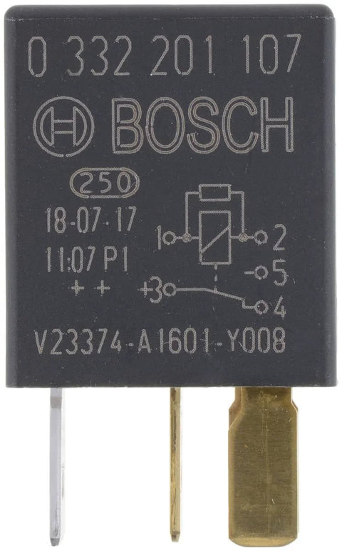 Front view of Changeover Micro Relay With 5 Pins 12 Volt Coil 30 And 10 Amp Rating Single Pole Automotive Relay, black