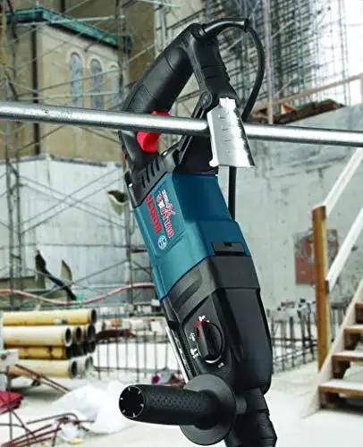 Bosch Bulldog Extreme 1 Inch SDS Plus Rotary Hammer delivers powerful corded performance with an 8 Amp motor at construction site.