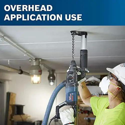Bosch Bulldog Extreme 1 Inch SDS Plus Rotary Hammer used for overhead drilling in concrete with corded power and SDS Plus versatility.