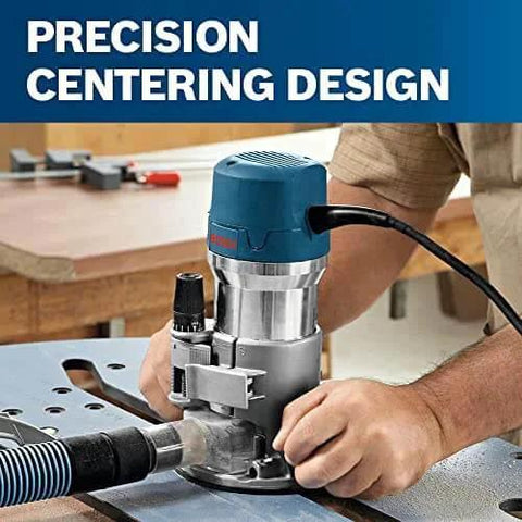 Craftsman using Bosch 1617EVSPK Combo Router With Plunge And Fixed Base, 2.25 HP Motor, precision centering design in workshop.