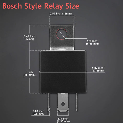 Heavy Duty Two Pack 12V Relay Kit With 5 Pin SPDT And Harness, dimensions diagram, front view with measurements shown.