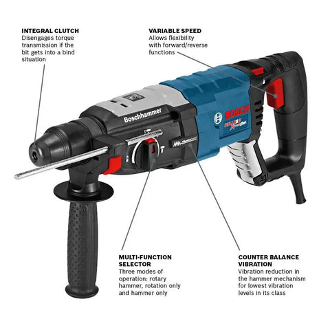 Front view of One And One Eighth Inch SDS-Plus Bulldog Xtreme Max Rotary Hammer with 8.5 amp motor and 2.4 ft-lbs impact energy.
