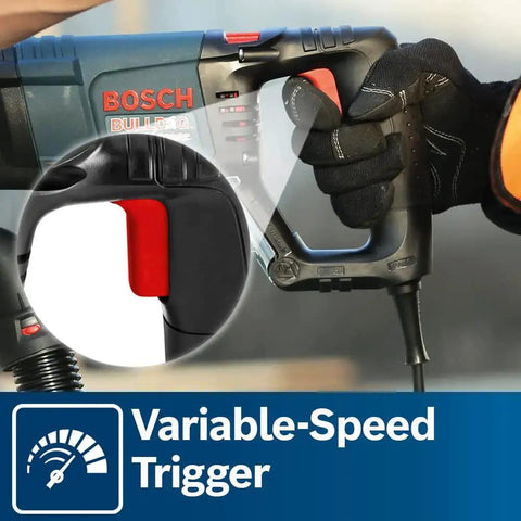Bosch Bulldog Extreme 1 Inch SDS Plus Rotary Hammer with variable speed trigger, designed for drilling and chiseling in concrete.