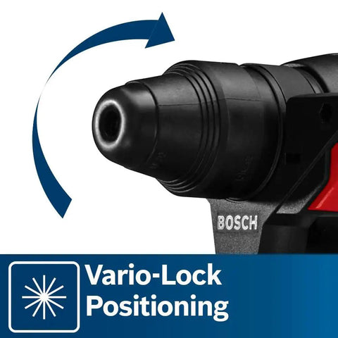 Close-up of Bosch Bulldog Extreme 1 Inch SDS Plus Rotary Hammer with Vario-Lock positioning feature showing adjustable drill head.