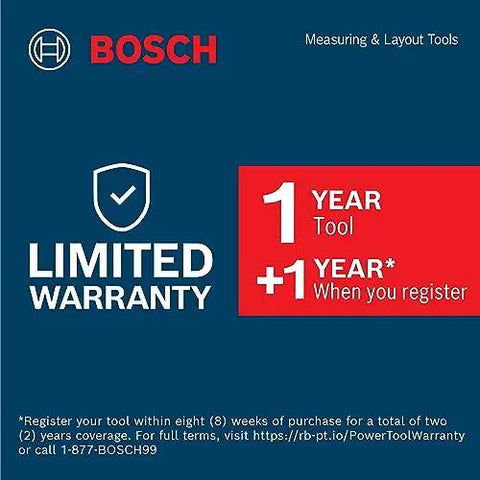 Product warranty details for Bosch measuring and layout tools; 1-year tool warranty plus 1-year with registration.