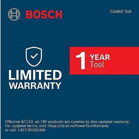 Bosch warranty card for corded tool with 1-year limited warranty details and support contact information.