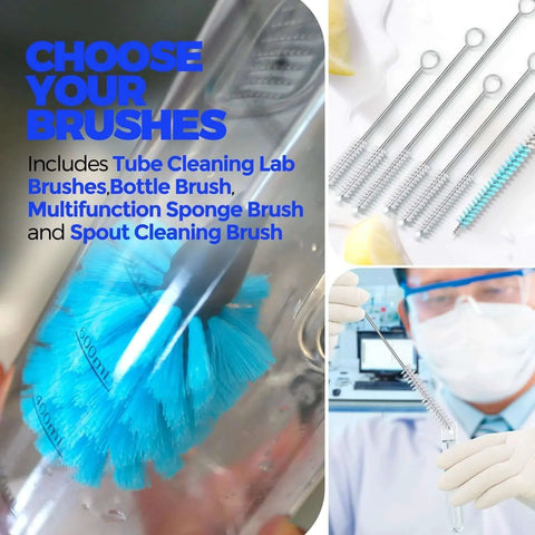 Long Handle Bottle Cleaning Brush Set For Narrow Neck Bottles And Decanters Tubes Spouts Lids shown in lab and kitchen use