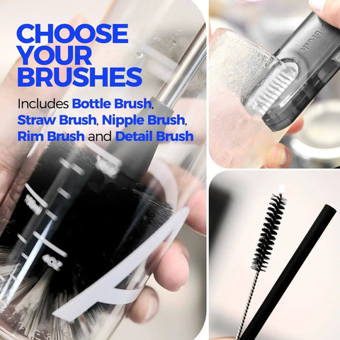 Six Pack Bottle Brush Set With 14 In Stainless Steel Handles 3 Straw Brushes And 3 In 1 Cleaner shown with various brush options