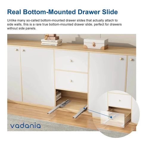 Installed 14" Undermount Drawer Slide with Soft Close, Bottom Mounted & Bottom Support, 88 lb Load Capacity, 3-Fold Full Extension