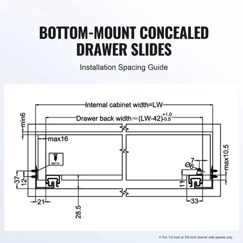 Installation spacing guide for 10 Pairs 15 18 21 Inch Soft Close Bottom Mount Drawer Slides With Heavy Duty Ball Bearing Full Extension Steel Tracks Noiseless Guide Glides Cabinet Kitchen Runners With Locking 100 Lbs Capacity