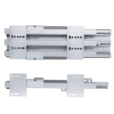 Bottom Mount Heavy Duty Drawer Slide With Pull Out Function for kitchen cabinets, showing steel rails, screws, and installation parts.