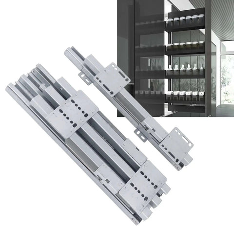 Bottom Mount Heavy Duty Drawer Slide With Pull Out Function For Kitchen Cabinets And Closets shown beside modern shelving unit