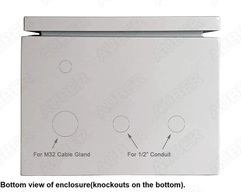 Bottom view of Powder Coating Oven Controller Kit 240V 50A 12000W DIY Wiring Kit PCO304 enclosure showing cable and conduit knockouts.
