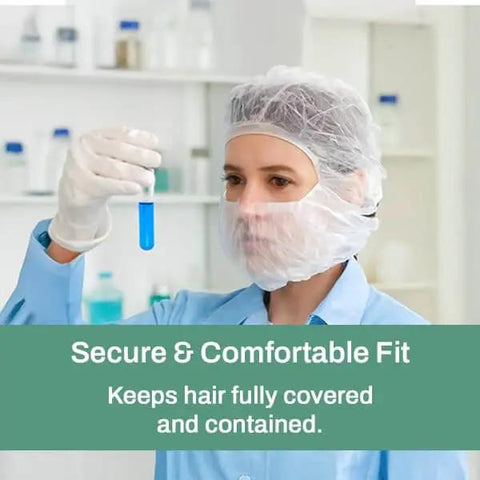 Person wearing disposable bouffant hood breathable polypropylene hair cover for medical food processing and cleanrooms one size fits all