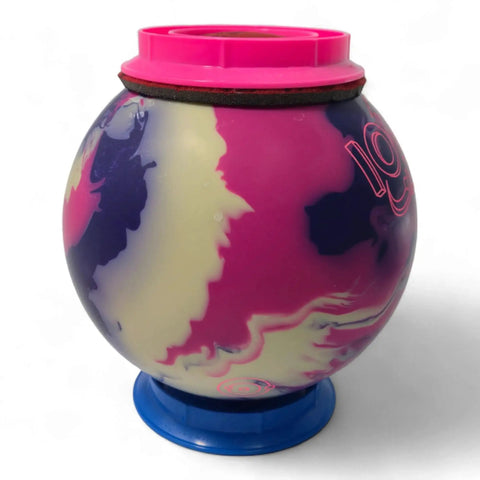 Bowling Ball Sanding Pad Holder For Surface Shaping And Consistent Reaction, shown with colorful ball installed