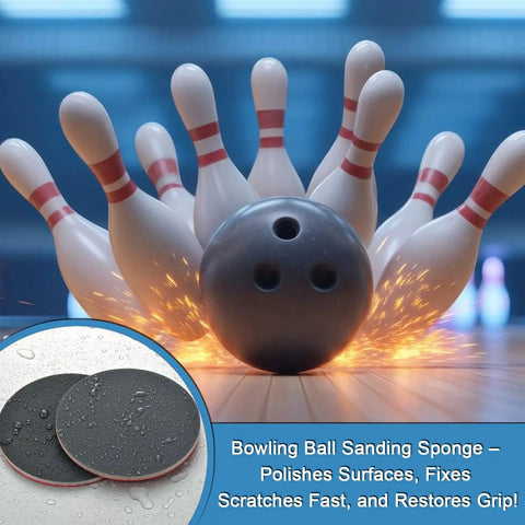 Bowling ball striking pins with sparks, inset of sanding pads; represents Five Inch Foam Sanding Pad Set 18 Pcs 180 3000 Grit.