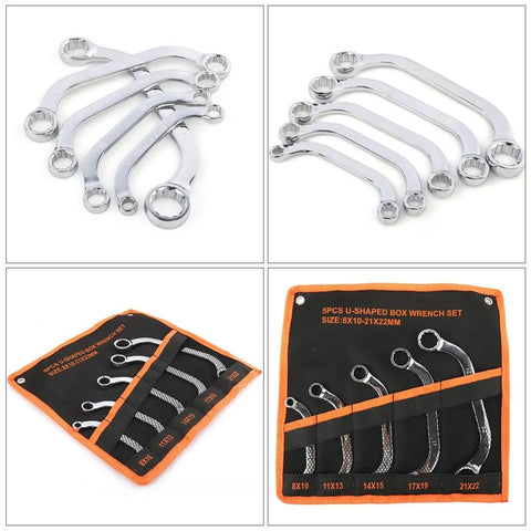 Beefy 12-Point Box End Wrench Set With Chrome-Vanadium Steel Socket Spanners, 5-Piece Heavy-Duty Hand Tool Kit displayed in case.