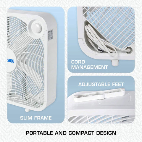 Heavy Duty 20 Inch Box Fan With 3 Quiet Speeds For Home Garage Office And Bedroom Delivering 2400 CFM Airflow And 1100 RPM Corded Portable Floor Mount Cooling For Basement And Living Spaces From Hurricane, showing slim frame and cord management features.