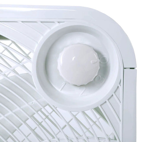 Close-up of speed dial on Heavy Duty 20 Inch Box Fan With 3 Quiet Speeds For Home Garage Office And Bedroom Delivering 2400 CFM Airflow And 1100 RPM Corded Portable Floor Mount Cooling For Basement And Living Spaces From Hurricane