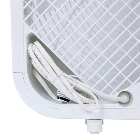 Close-up of Heavy Duty 20 Inch Box Fan With 3 Quiet Speeds For Home Garage Office And Bedroom Delivering 2400 CFM Airflow And 1100 RPM Corded Portable Floor Mount Cooling For Basement And Living Spaces From Hurricane showing cord storage.