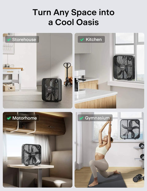 Go To Box Fan For Bedroom And Living Areas With 3 Speed Settings And 2295 CFM Airflow, Lightweight 5 Blade Design in different settings