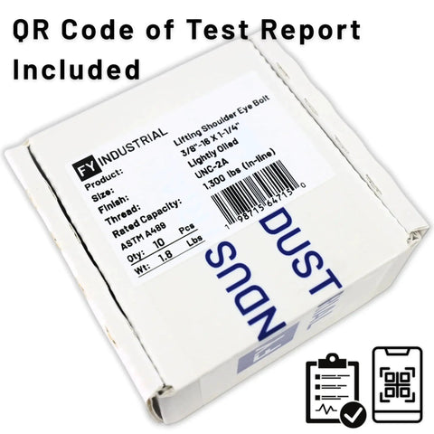Box of Ten Heavy Duty Lifting Shoulder Eye Bolts 3/8-16 by 1-1/4 inch with QR code for test report