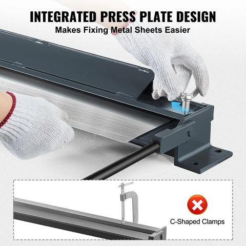 Close-up of integrated press plate design on Box and Pan Brake 48 Inch Sheet Metal Bender, with C-shaped clamps illustration
