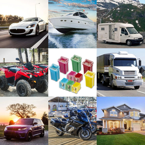 Low Profile Automotive Fuse Kit For Cars Trucks And Suvs 10 Pack Box Shaped Micro Cartridge Fuses With 20A 30A 40A 50A 60A Two Of Each Color Perfect Spare Set For Any Garage Road Trip Or Weekend Fix pictured with vehicles and boats.