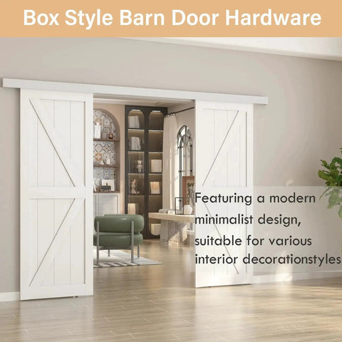 10ft Double Sliding Barn Door Hardware Kit With Low Clearance Aluminum Alloy Box Rail installed on white wooden doors in living space