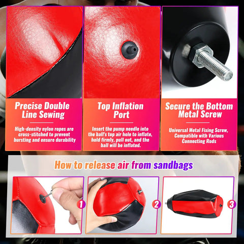 Boxing Speed Ball With 8mm Screw Mount And Replaceable Sandbag showing construction details and inflation instructions