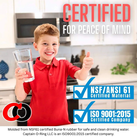 Young boy in red shirt holding a glass of water, NSF/ANSI 61 and ISO 9001:2015 certified materials displayed.