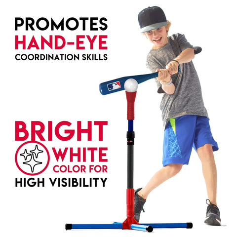 Child practicing swing with MLB Plastic Baseballs - 8 Pack using batting tee.