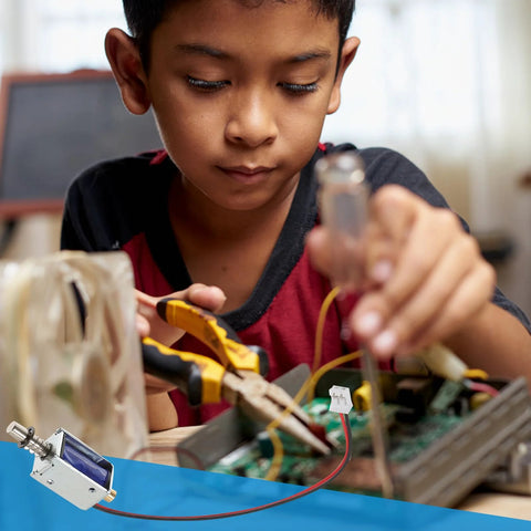 TEHAUX mini push-pull solenoid 12V open-frame inset; child wiring electronics with pliers and circuit board.