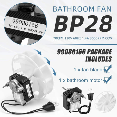 S99080166 BP28 Bathroom Vent Bath Fan Motor Kit Replacement YJF6178 with fan blade and motor components.