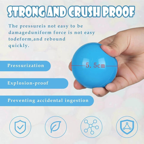 Hand holding blue plastic ball illustrating durability for BPA Free 100 Pack Colorful Plastic Balls for Baby Play & Ball Pit, Tent, Pool, House.