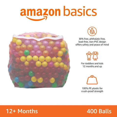 BPA Free Crush-Proof Plastic Ball, Pit Balls with Storage Bag, Toddlers Kids 12+ Months, Pack of 400 Balls, 6 Bright Colors in mesh bag