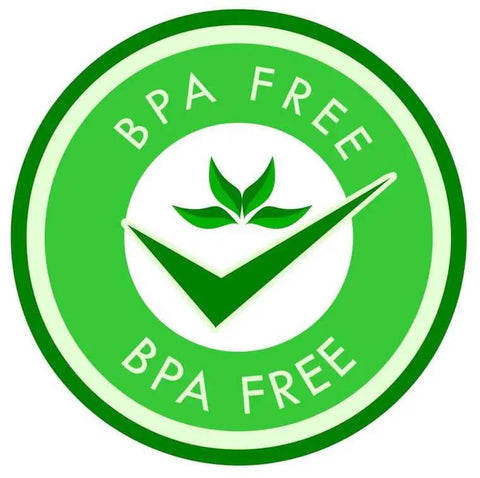 Green circular BPA Free badge with check mark and leaves in center, indicating non-toxic materials.