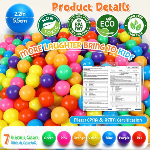 Colorful ball pit balls, 2.2 inch, phthalate free, BPA free, crush proof plastic, 7 bright colors, reusable storage bag for kids