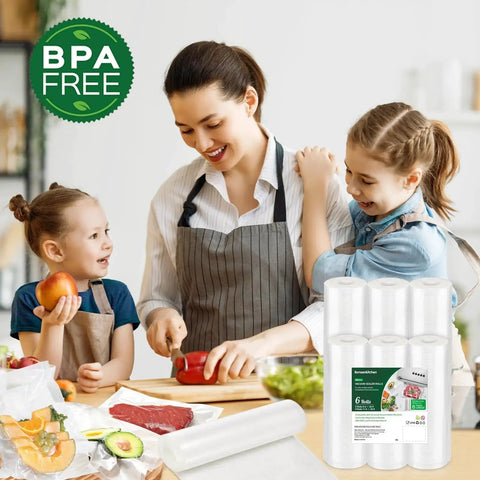 Commercial grade BPA free vacuum sealer bag rolls six pack includes three 11x20 inch rolls and three 8x20 inch rolls.